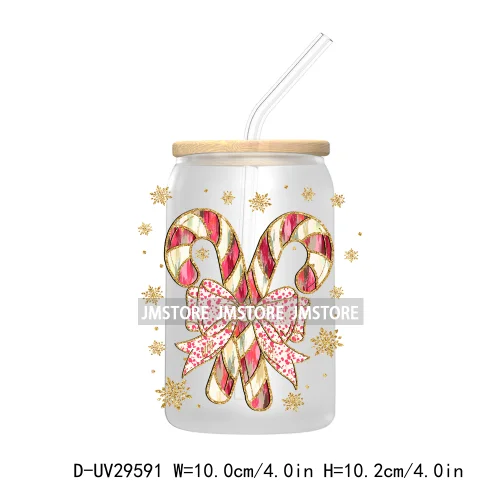 Coquette Bow Faux Glitter Christmas Tree UV DTF Transfer Stickers Decals For Libbey Cold Cups Mugs Tumbler Reindeer Candy Cane