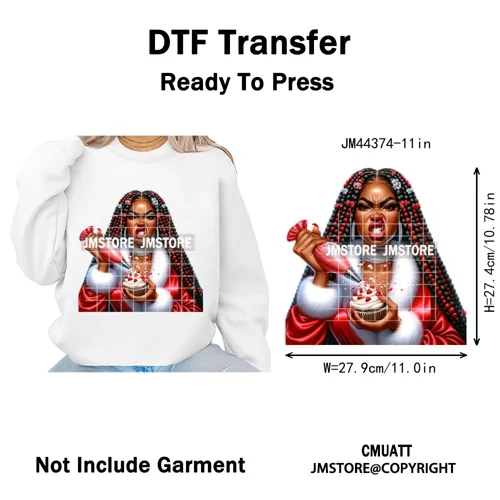 Sassy Afro Women Quirky Girls Santa Christmas Attitude Iron on Washable DTF Heat Transfers Stickers Ready to Press for Textiles