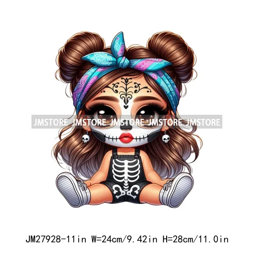 Halloween Skeleton Latina Baby Chibi Hispanic Girls Spooky Season DTF Iron On Transfers Stickers Ready To Press For Clothing