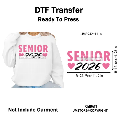 College Mega Senior 2K26 Coquette Class of 2026 Iron on Washable DTF Heat Transfers Stickers Ready to Press for Textiles Bags