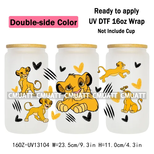 Double Side Color Cartoon Lion UV DTF Cup Wrap Transfer Stickers For 16oz Libbey Glass Beer Selfadhesive Waterproof Adhesive