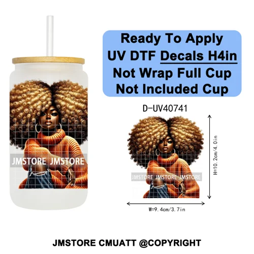 Big Hair Fashionable Black Girl UV DTF Decals Ready To Apply Waterproof Transfer Stickers DIY Crafts For 16OZ Libbey Glass Can