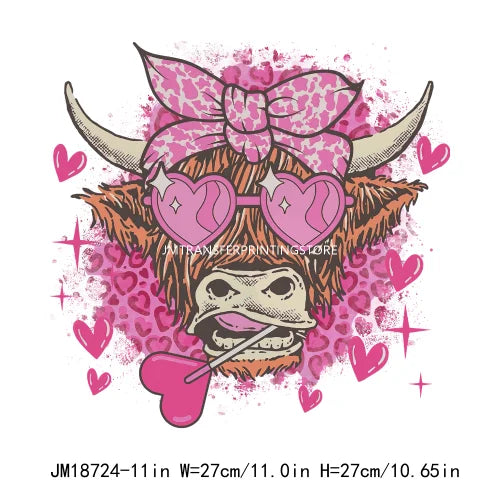 Hot Sale Western Highland Cow Pink Be Mine Heifer Valentine Printing DTF I Love Moo XOXO Heat Transfer Stickers For Hoodies