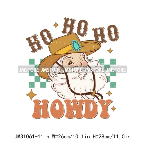 Funny Retro Western Merry Bright Country Christmas Cowgirl Howdy Tree Iron On DTF Transfers Stickers Ready To Press For Hoodies