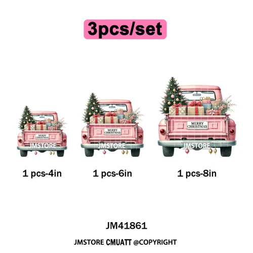 Christmas Pickup Truck Car Winter Tree Snowy Holiday Decoration Iron on DTF Heat Transfers Stickers Ready to Press for Clothing