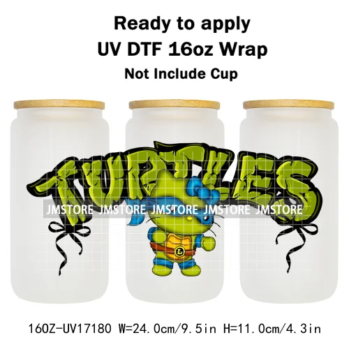 Coquette Bow Cartoon Turtles Characters 16OZ UV DTF Cup Wraps Ready To Apply Waterproof Transfer Stickers For Libbey Glass Can