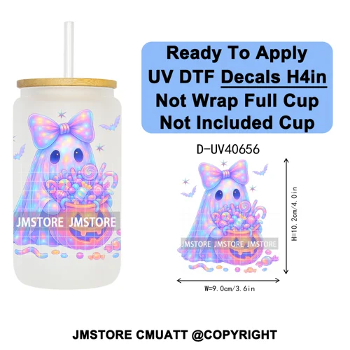 Iridescent Ghost Pumpkin Coquette Halloween UV DTF Transfer Stickers Decals Ready To Apply Waterproof For 16OZ Libbey Glass Can