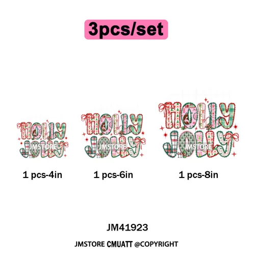 Merry and Bright Coquette Patchwork Santa Christmas Holiday Season Iron on DTF Heat Transfer Stickers Ready to Press for Hoodies