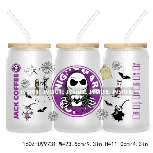 Spooky Cartoon Halloween 16OZ UV Cup Wrap DTF Transfer Stickers For Libbey Glass Can Cups Tumbler Waterproof Labels Scare Crew