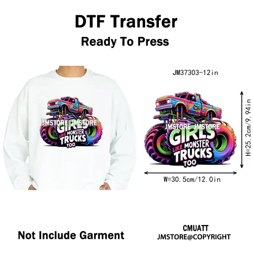 12in Monster Trucks Are My Jam Urban Graffiti Racing Rules Iron on Washable DTF Transfers Stickers Ready to Press for Clothing