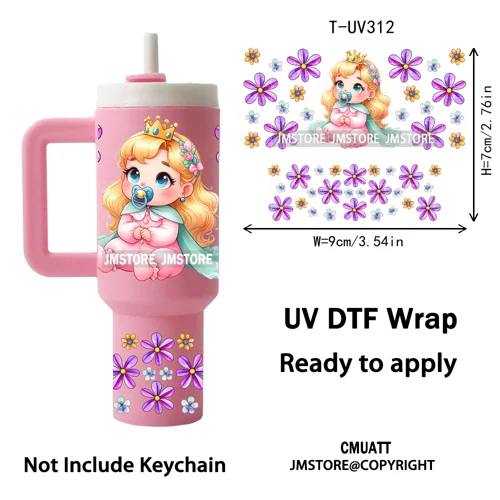 Watercolor Little Girl Cartoon Princess Flowers UV DTF Wraps Ready To Use Transfer Stickers Waterproof For Mini Tumbler Keychain