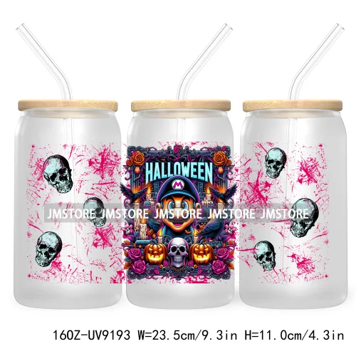 Cartoon Halloween Witch Skull Pumpkins UV DTF Sticker For 16OZ Libbey Glass Cup Can Wrap Transfer Stickers Custom Label DIY Logo