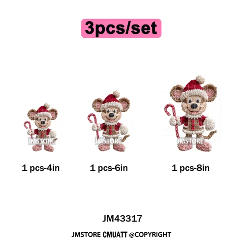 Faux Yarn Very Merry Christmas Mouse Friends Cartoon Santa Iron on Washable DTF Transfers Stickers Ready to Press for Clothing