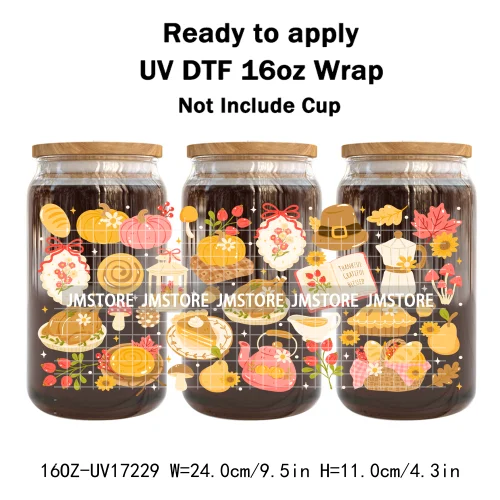 Bookish Autumn Fall Coquette Pumpkins Season UV DTF Wraps Transfer Sticker Selfadhesive Waterproof For 16OZ Libbey Glass Can Mug