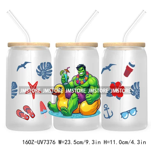 Hero Cartoon Summer Vacation 16OZ UV DTF Cup Wrap Transfers Stickers Custom Labels Durable Waterproof Logo For Libbey Glass Can