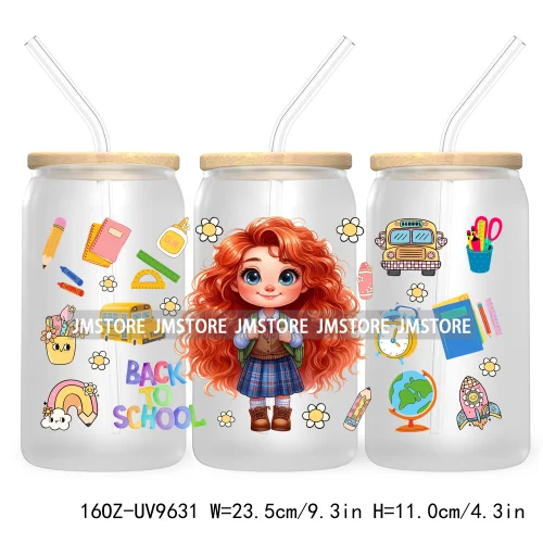 Back To School Cartoon Princess 16OZ UV Cup Wrap DTF Transfer Sticker For Libbey Glass Can Cups Tumbler Waterproof Label Teacher