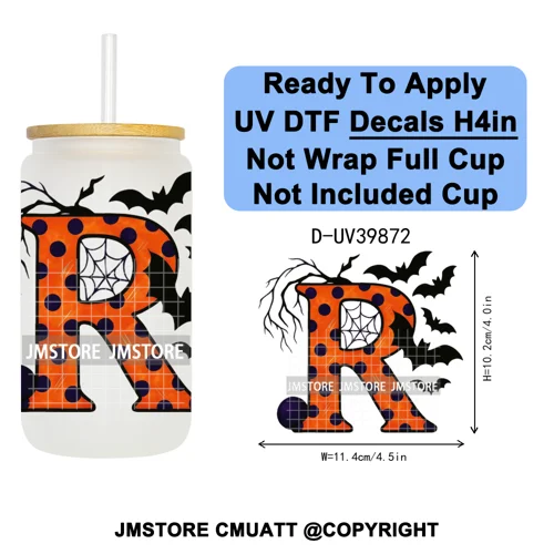 Polka Dot Pumpkin Halloween Letter Coquette UV DTF Decals Ready To Apply Waterproof Transfer Stickers For 16OZ Libbey Glass Can