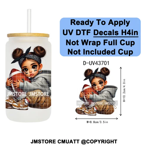 Cute Latina Baby Girl American Football UV DTF Cup Decals Ready To Apply Transfer Stickers Durable For Libbey Glass Can Tumbler
