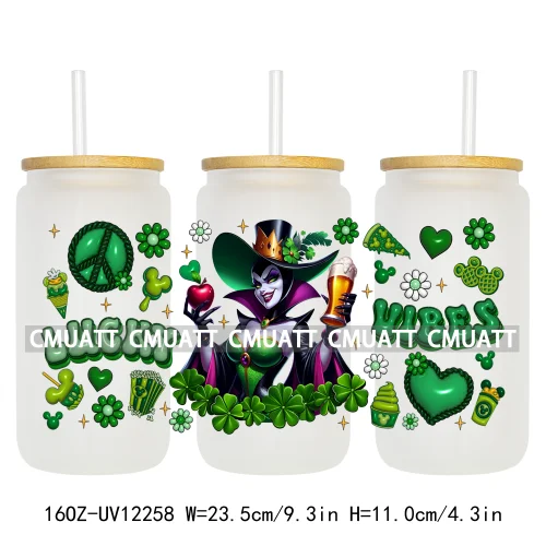 Happy St Patricks Cartoon Princess Characters Feeling Lucky Four Leaf Clover 16OZ UV DTF Cup Wrap Sticker For Libbey Glass Can