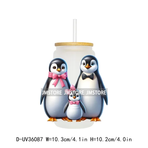 Penguin Family Coquette Bow UV DTF Transfer Stickers Decals Ready To Apply Waterproof For 16OZ Libbey Glass Can Cups Tumbler