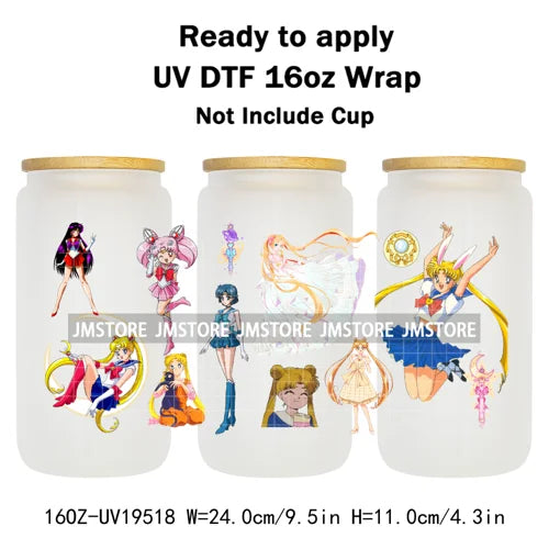 Sailor Girls Inspired Anime Fan Cartoon Characters UV DTF Transfer Sticker Cup Tumbler Wrap For 16OZ Libbey Glass Wraps Bottle