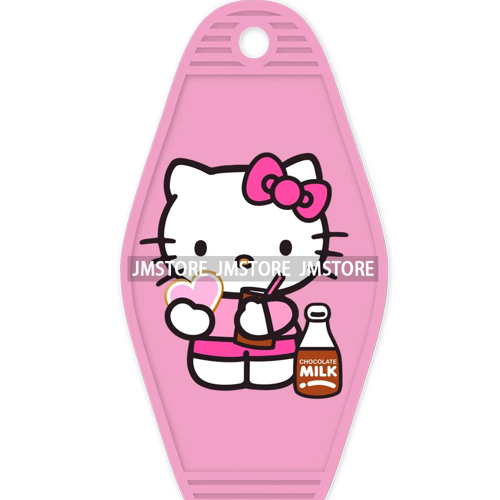 Cute Cartoon Pink Hello Cat With Bow Flower High Quality WaterProof UV DTF Sticker For Motel Hotel Keychain Labels DIY Logo