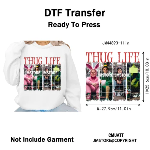 Winter Christmas Cartoon Holiday Characters Thug Life Green Iron on Washable DTF Transfers Stickers Ready to Press for Textiles