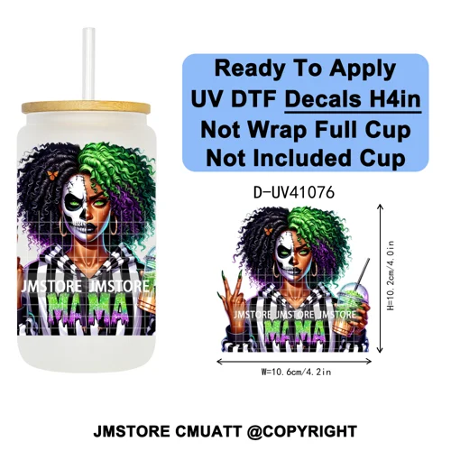 Scary Movie Character Afro Girls Halloween UV DTF Transfer Stickers Decals Ready To Apply Waterproof For 16OZ Libbey Glass Can