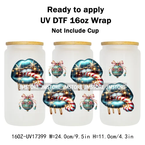 Coquette Bow Christmas Gift Lips UV DTF Stickers Xmas Season Candy Cane Ready To Transfer 16OZ Cup Wraps For Libbey Can Glass