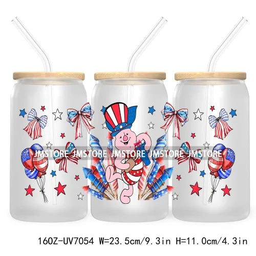 Happy 4TH Of July Cartoon Bear Friends 16OZ UV DTF Cup Wrap Transfer Stickers For Libbey Glass Can Cups Tumbler Waterproof Craft