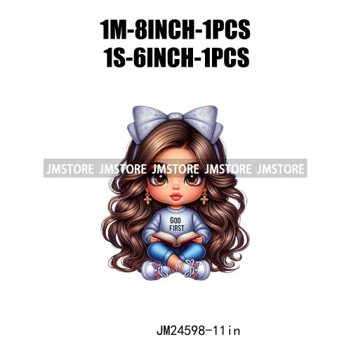 God First Chibi Cute Brown Hair Latina Dolls Baby Girls Coquette Bow Iron On DTF Transfer Stickers Ready To Press For Hoodies