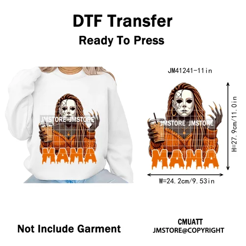 Black Girls Coffee Drinking Halloween Scary Movie Killer Mama Iron on Washable DTF Transfers Stickers Ready to Press for Clothes