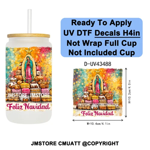 Feliz Navidad Mexican Christmas UV DTF Decals Ready To Apply Waterproof Transfer Stickers DIY Crafts For 16OZ Libbey Glass Can