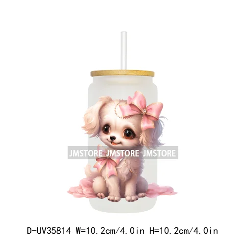 Cute Puppy Coquette Bow Baby Dog UV DTF Transfer Stickers Decals Ready To Apply Waterproof For 16OZ Libbey Glass Can Cup Tumbler