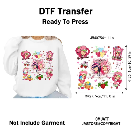 Sweet Strawberry Friends 80s Girl Cartoon Pink Coquette Bows Iron on DTF Washable Transfers Stickers Ready to Press for Clothing
