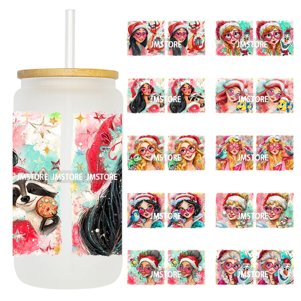 Brushstroke Christmas Glitter Princess UV DTF Cup Wrap Ready To Apply Transfer Stickers 16OZ Tumbler Wraps For Libbey Glass Can