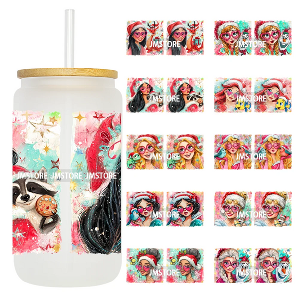 Brushstroke Christmas Glitter Princess UV DTF Cup Wrap Ready To Apply Transfer Stickers 16OZ Tumbler Wraps For Libbey Glass Can
