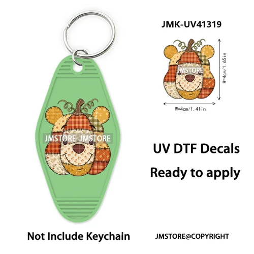 Cartoon Bear Pumpkin Fall Autumn Halloween UV DTF Motel Keychain Wraps Ready To Apply Custom High Quality Hotel Keychain Decals