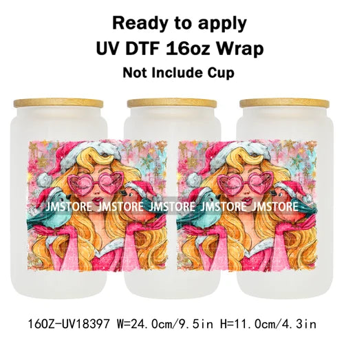 Brushstroke Christmas Glitter Princess UV DTF Cup Wrap Ready To Apply Transfer Stickers 16OZ Tumbler Wraps For Libbey Glass Can