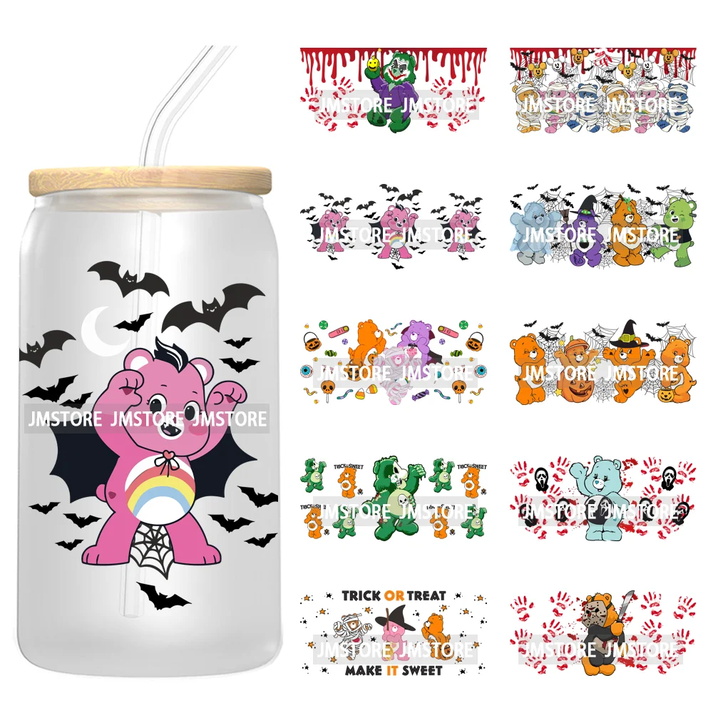 Scary Bears Halloween Pumpkins Horror Characters UV DTF Wraps Transfer Sticker Selfadhesive For 16OZ Libbey Glass Can Tumbler