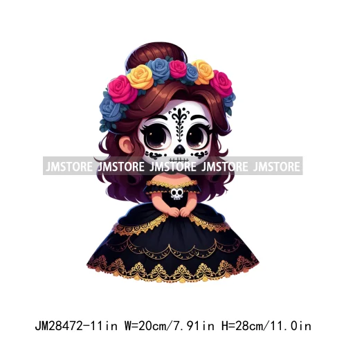 New Day Of The Dead La Catrina Dresses Girls Skull Flower Iron On DTF Transfers Stickers Ready To Press For Sweatshirt Bags