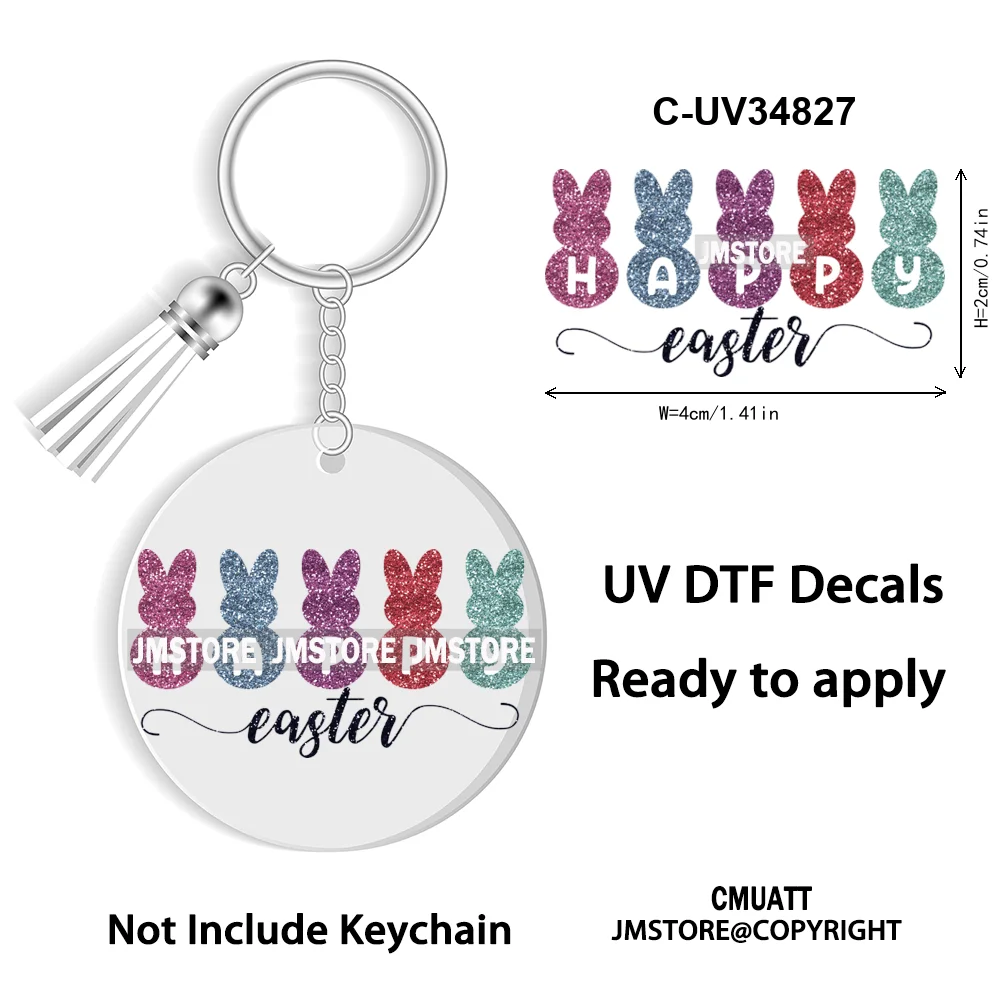 Faux Sequin Glitter Happy Easter Bow Retro Easter Bunny Blowing Bubble UV DTF Stickers for Round Circle Acrylic Keychain Keyring