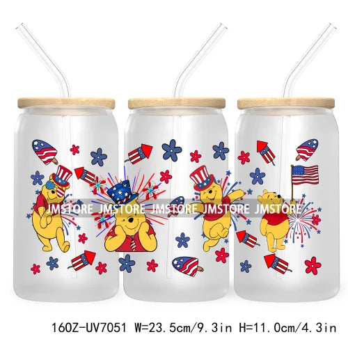 Happy 4TH Of July Cartoon Bear Friends 16OZ UV DTF Cup Wrap Transfer Stickers For Libbey Glass Can Cups Tumbler Waterproof Craft