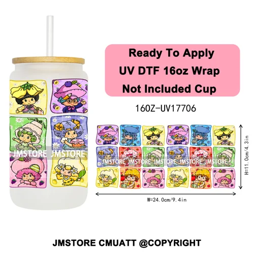 90s Cartoon Strawberry Characters Coquette Bow 16OZ UV DTF Cup Wraps Ready To Apply Transfer Stickers For Libbey Glass Can Mugs