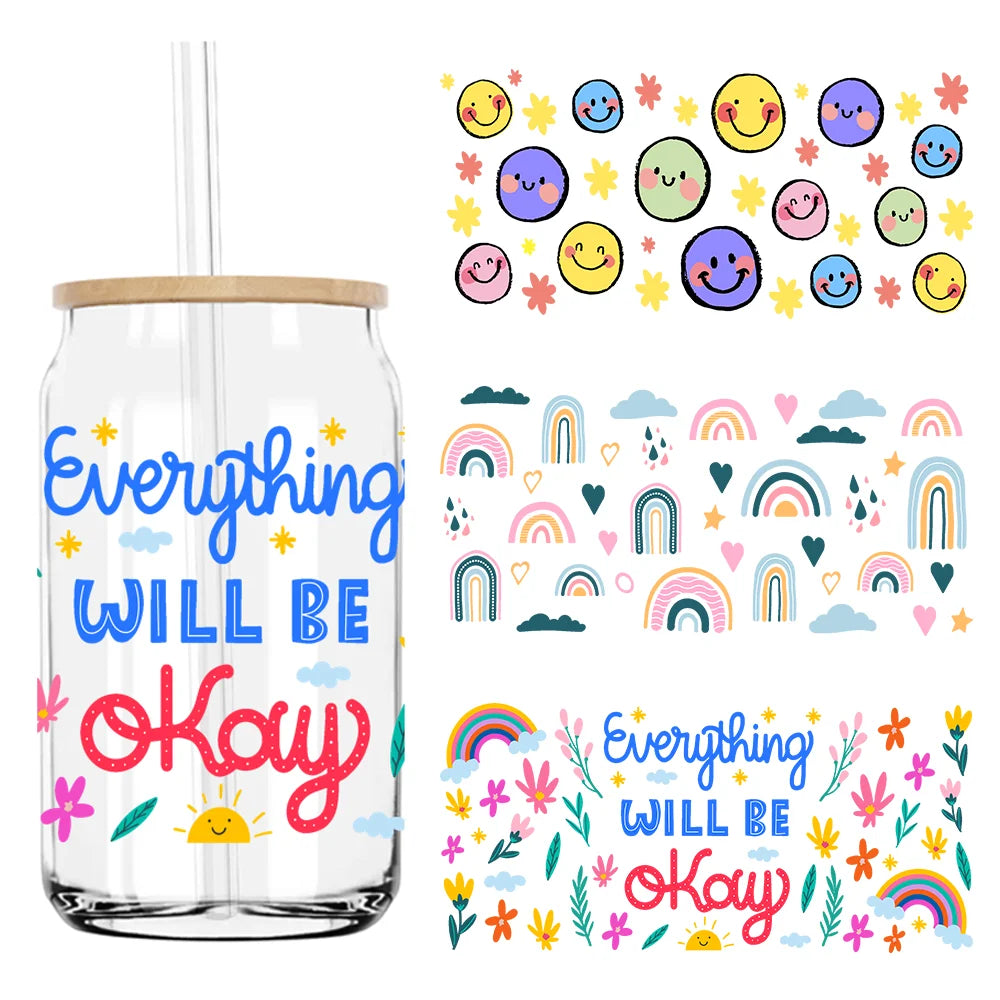 Everything Will Be Okay UV DTF Sticker For 16OZ Libbey Glass Cup Can Wrap Transfer Sticker Custom Labels DIY Logo Rainbow Vibes