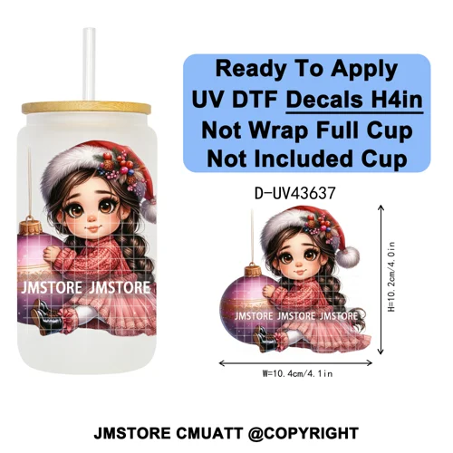 Chibi Cute Mexican Christmas Baby Girl UV DTF Decals Ready To Apply Waterproof Transfer Stickers For 16OZ Libbey Glass Can Mugs
