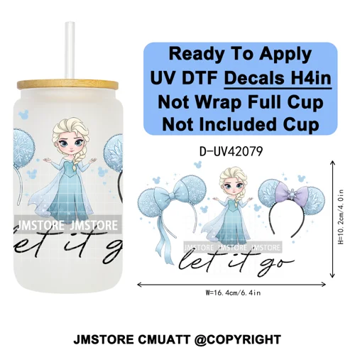 Cartoon Mouse Head Princess Family Vacation UV DTF Decals Ready To Apply Waterproof Transfer Stickers For 16OZ Libbey Glass Can