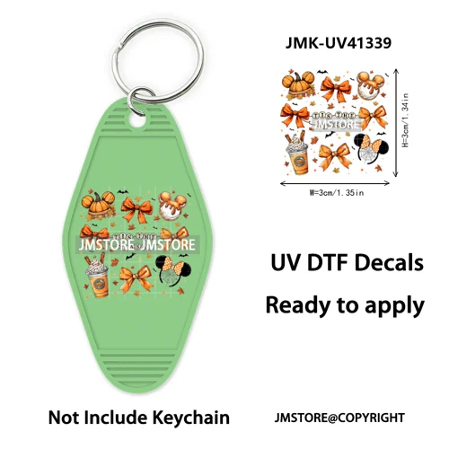 Cartoon Bear Pumpkin Fall Autumn Halloween UV DTF Motel Keychain Wraps Ready To Apply Custom High Quality Hotel Keychain Decals