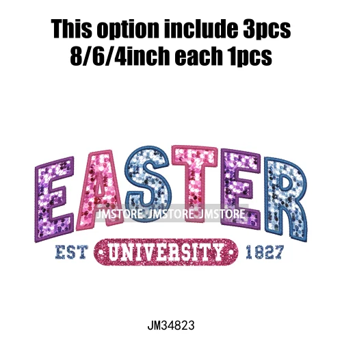 Colorful Faux Sequin Glitter Happy Easter Bunny University Letters Iron On DTF Transfers Stickers Ready To Press For Hoodies