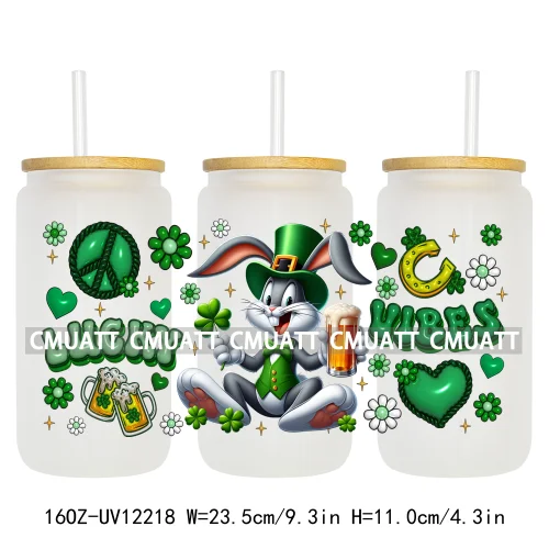 Cartoon Princess Girls St Patricks' Day Lucky Vibes 16OZ UV DTF Cup Transfer Wrap Sticker Waterproof Logos For Libbey Glass Can